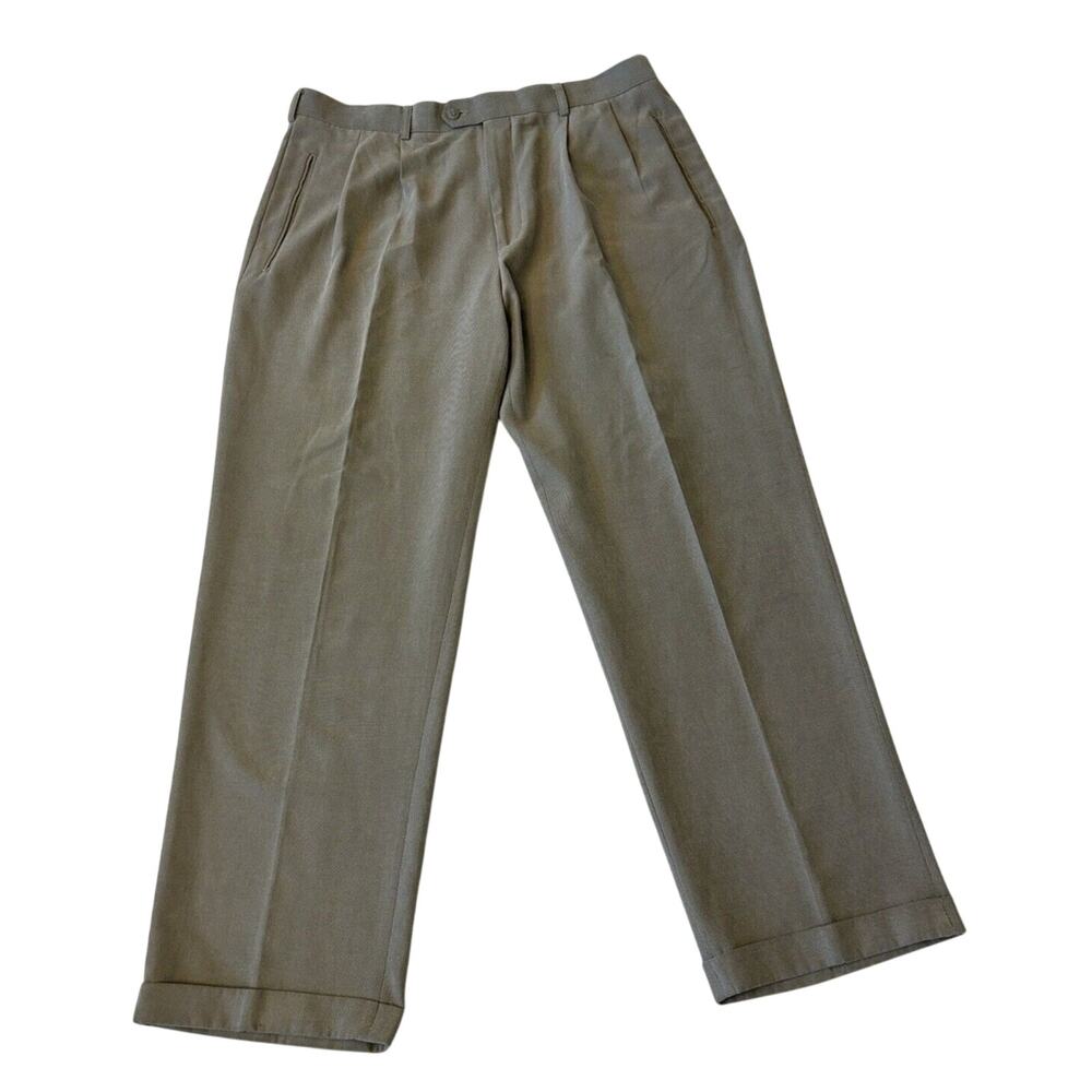 Andrew Fezza Dress Pants Men’s 38x32 Olive Cuffed Pleated Polyester Blend